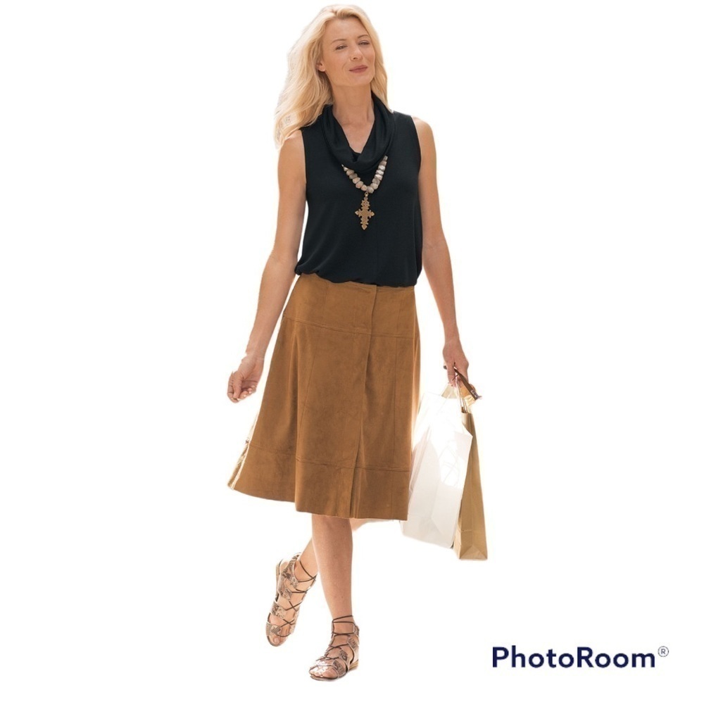 Soft Surroundings Soft Vegan Suede Camel Snap Up Skirt‎ Size Large